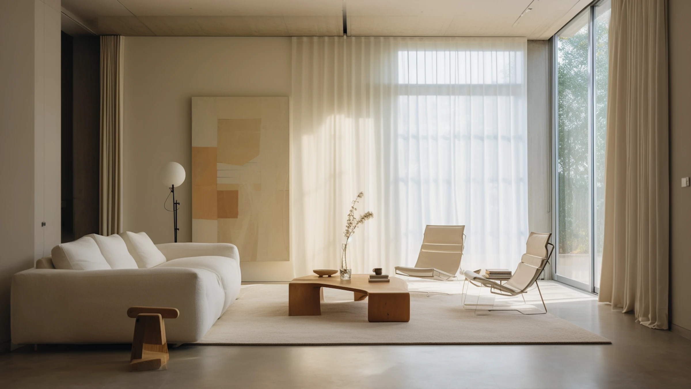 Minimalist living room with a large white sofa on the left, a wooden side stool, a wooden coffee table in the center with a glass vase and books, two modern cream-colored chairs on the right, floor lamp, abstract wall art behind the sofa, and sheer white curtains covering large windows that allow natural light to fill the space.