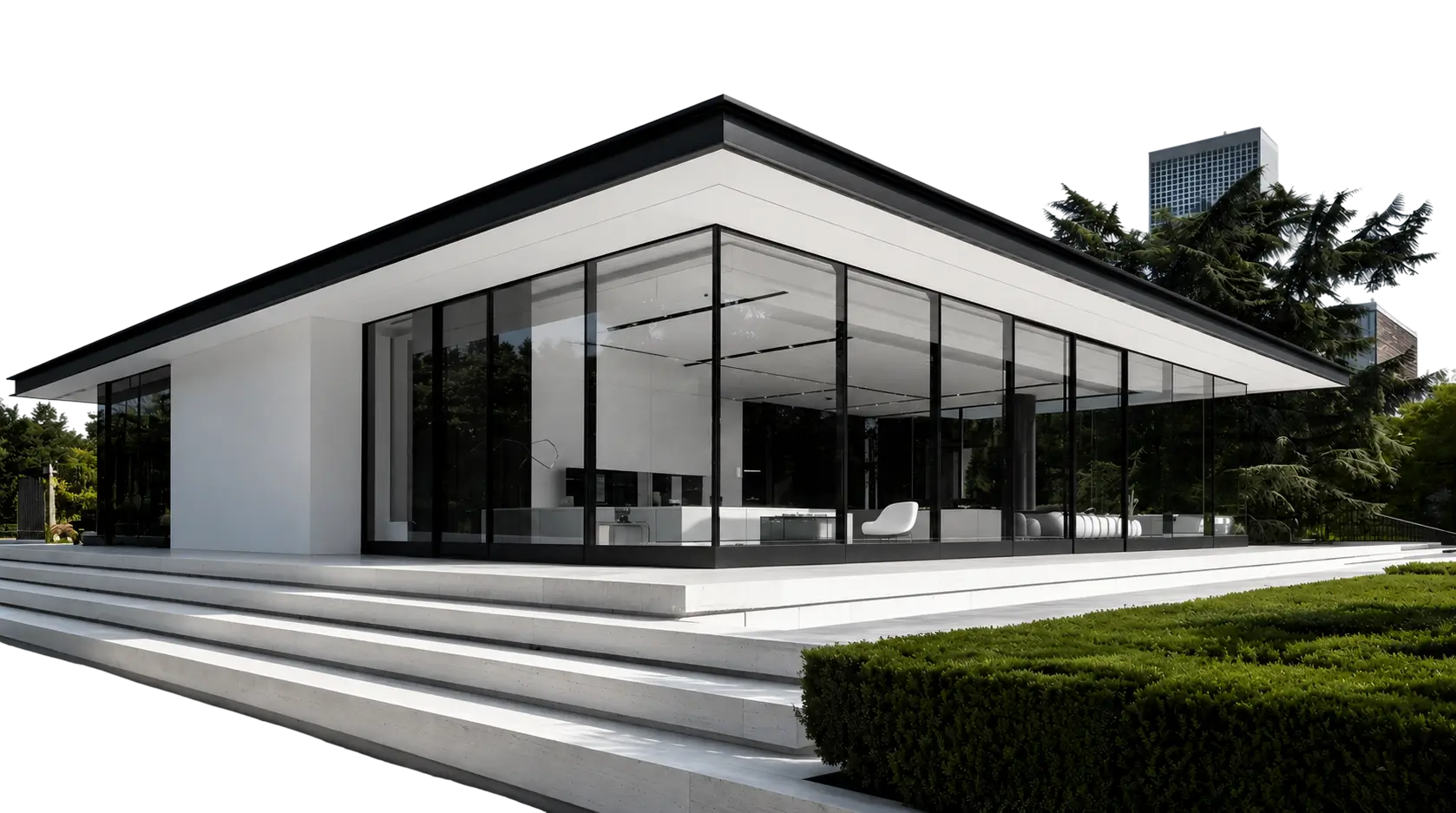 Modern minimalist glass house with large floor-to-ceiling windows, white exterior walls, broad flat roof, and wide concrete steps leading to the entrance, surrounded by green trimmed hedges.