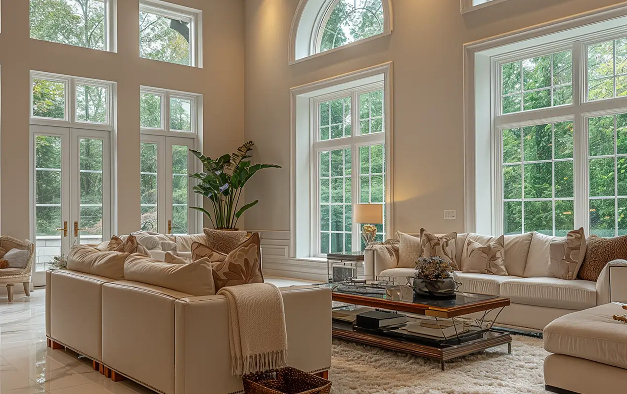 Spacious living room with large windows showing green outdoor trees, two beige sofas with patterned cushions, a glass coffee table with decorative items, a green potted plant, a soft rug, and a lamp on a side table.