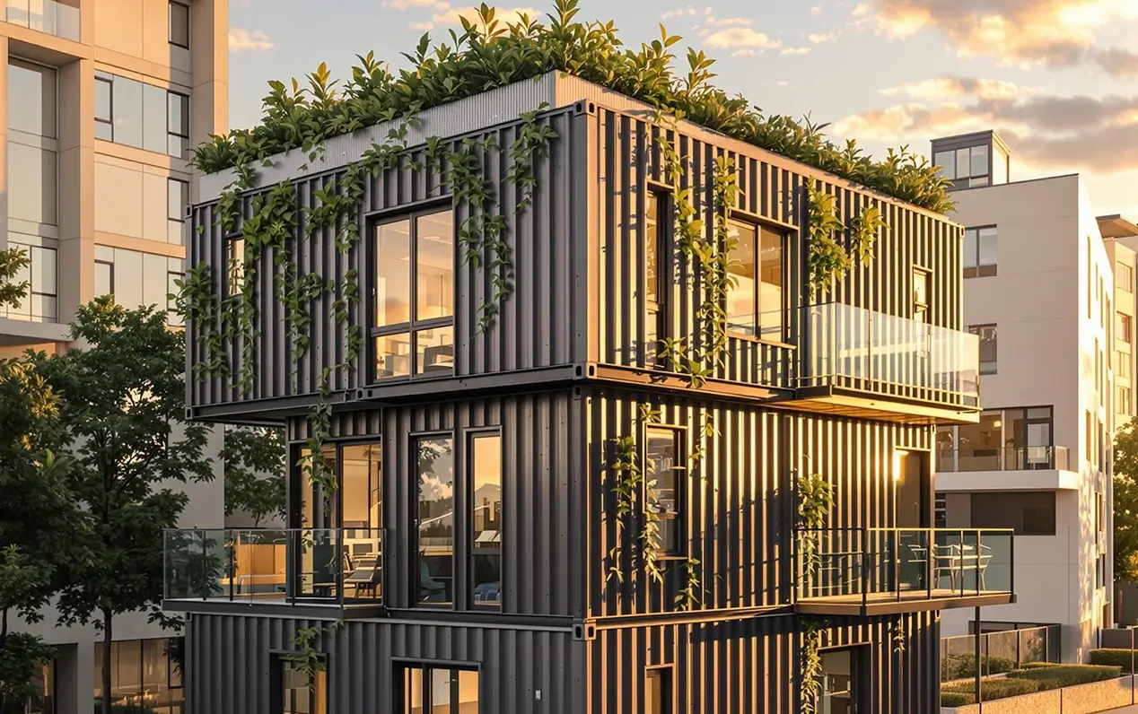 Three-story modern modular building made from black shipping containers with large windows, glass balconies, and green vines climbing the walls and rooftop garden, set in an urban environment at sunset.