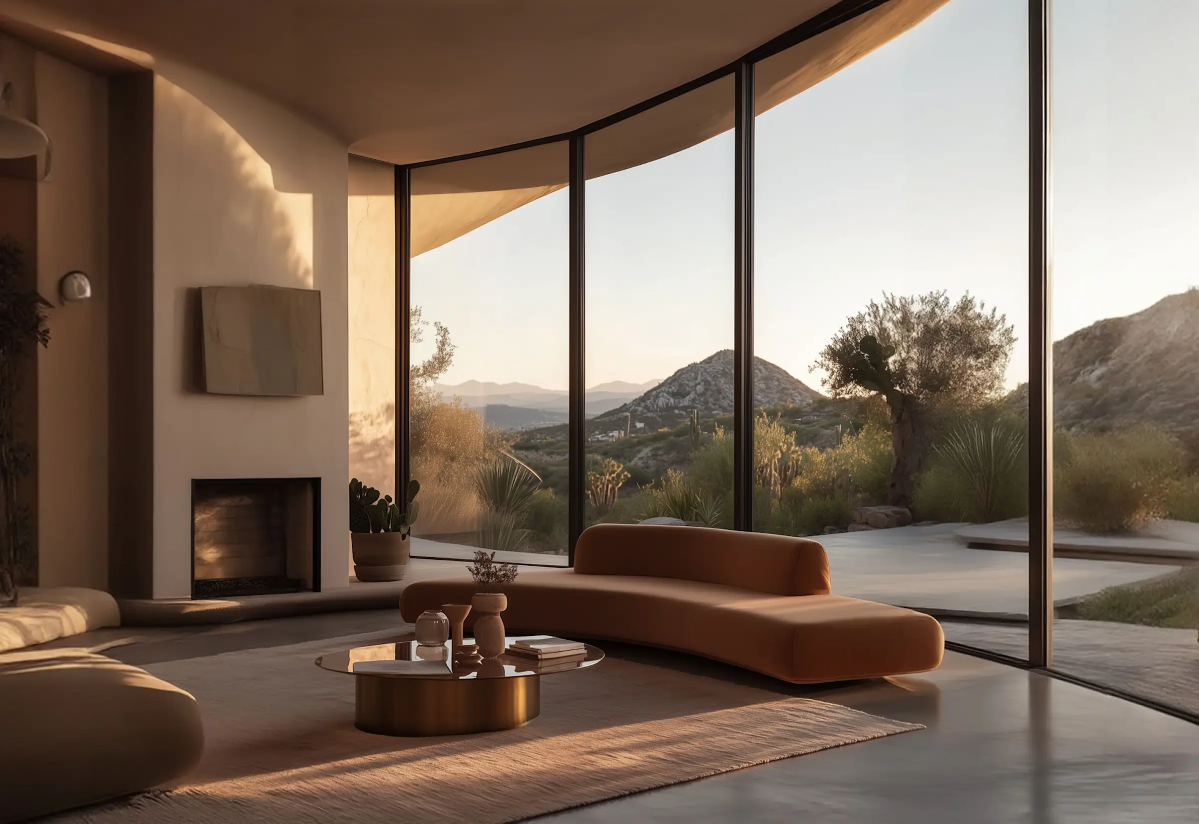 Modern living room with curved brown sofa, round glass coffee table with decorative objects, large floor-to-ceiling windows showing desert landscape with mountains, cacti, and trees in warm sunlight.