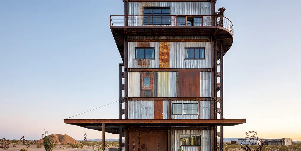 A multi-story industrial-style building made of corrugated metal panels with rust patches, set in a desert landscape with a clear sky at sunset.
