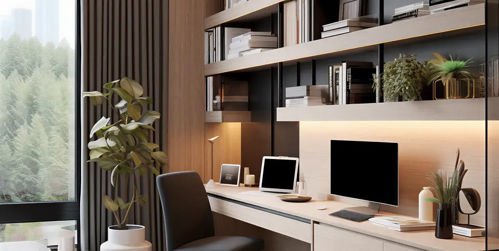 Modern home office setup with a wooden desk featuring a desktop computer with a black screen, a laptop, a keyboard, mouse, decorative items, and books on shelves above, next to a large window with grey curtains and a potted plant.