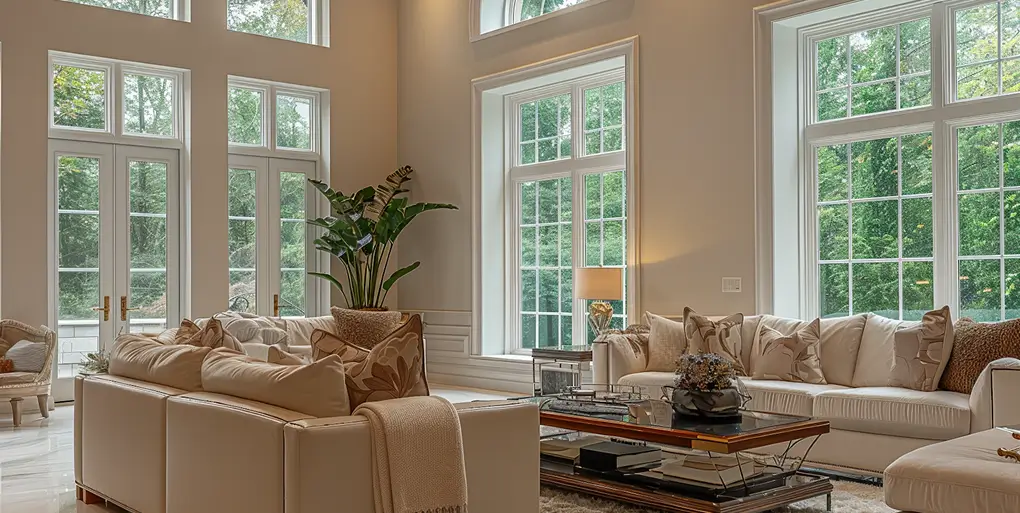 Bright living room with large windows showing green trees outside, beige sofas with cushions, a wooden coffee table with books and flowers, neutral tones, and a floor lamp.