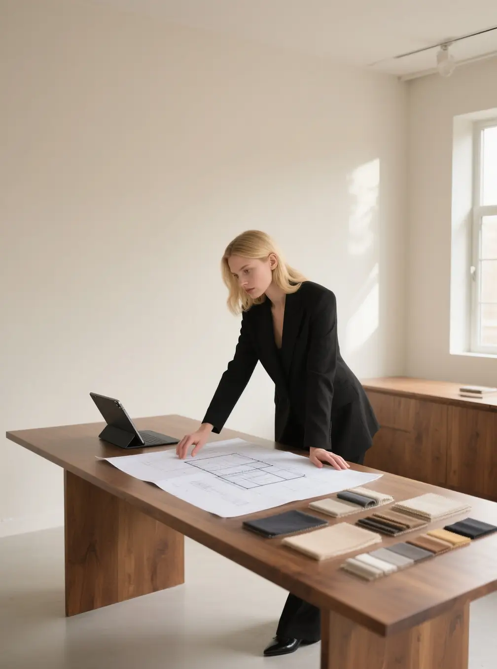 A blonde woman dressed in black leans over a wooden table reviewing architectural blueprints with fabric and material samples spread out beside them, in a bright room with a window and tablet on the table.