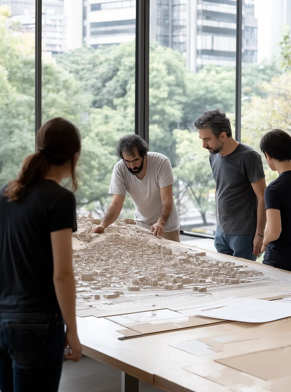 Four people gathered around a large table studying a detailed wooden architectural model with buildings and terrain, set in a room with large windows showing trees and city buildings outside.
