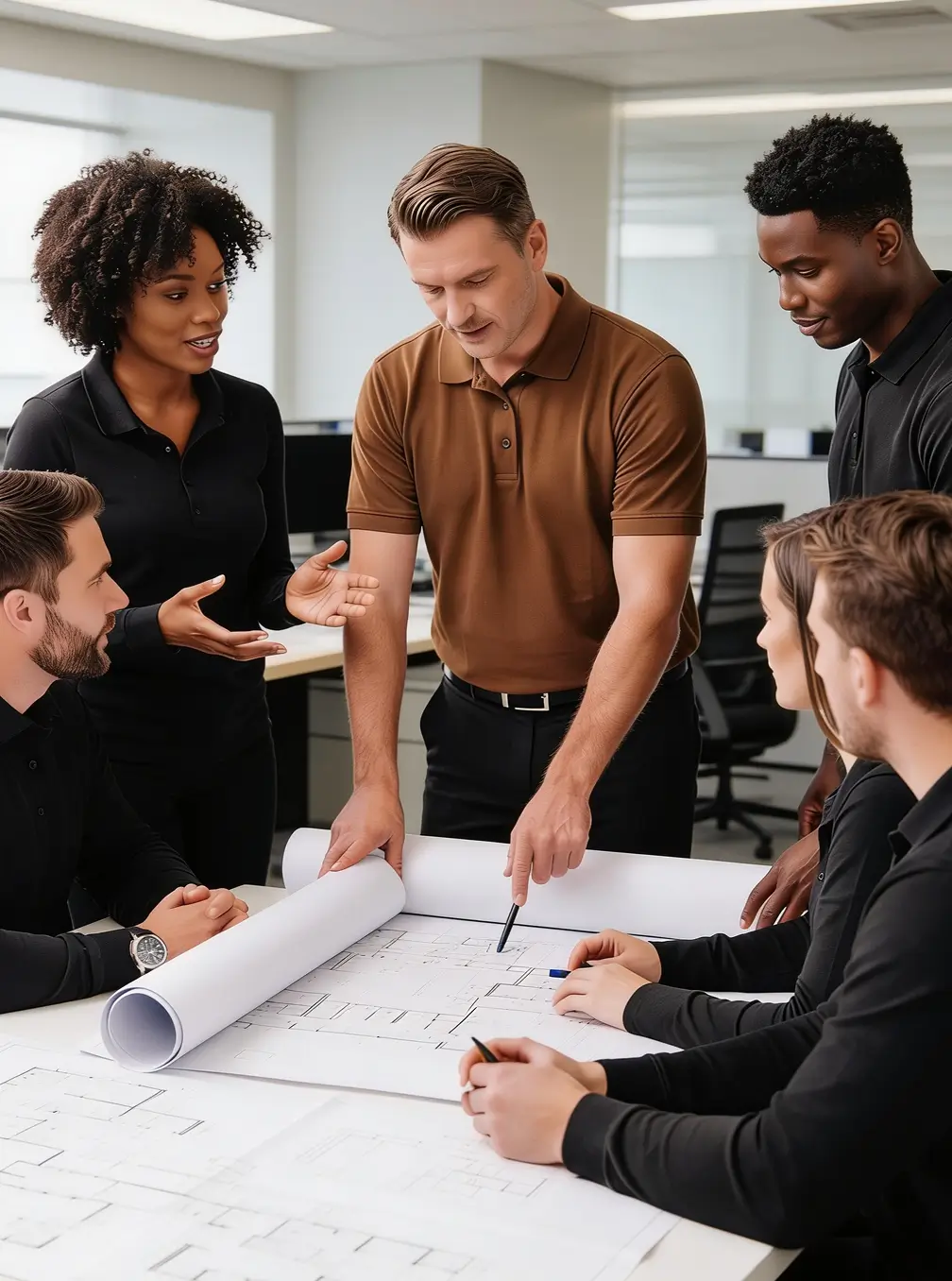 A group of six diverse colleagues are gathered around a table in a bright office, discussing and pointing at architectural blueprints.