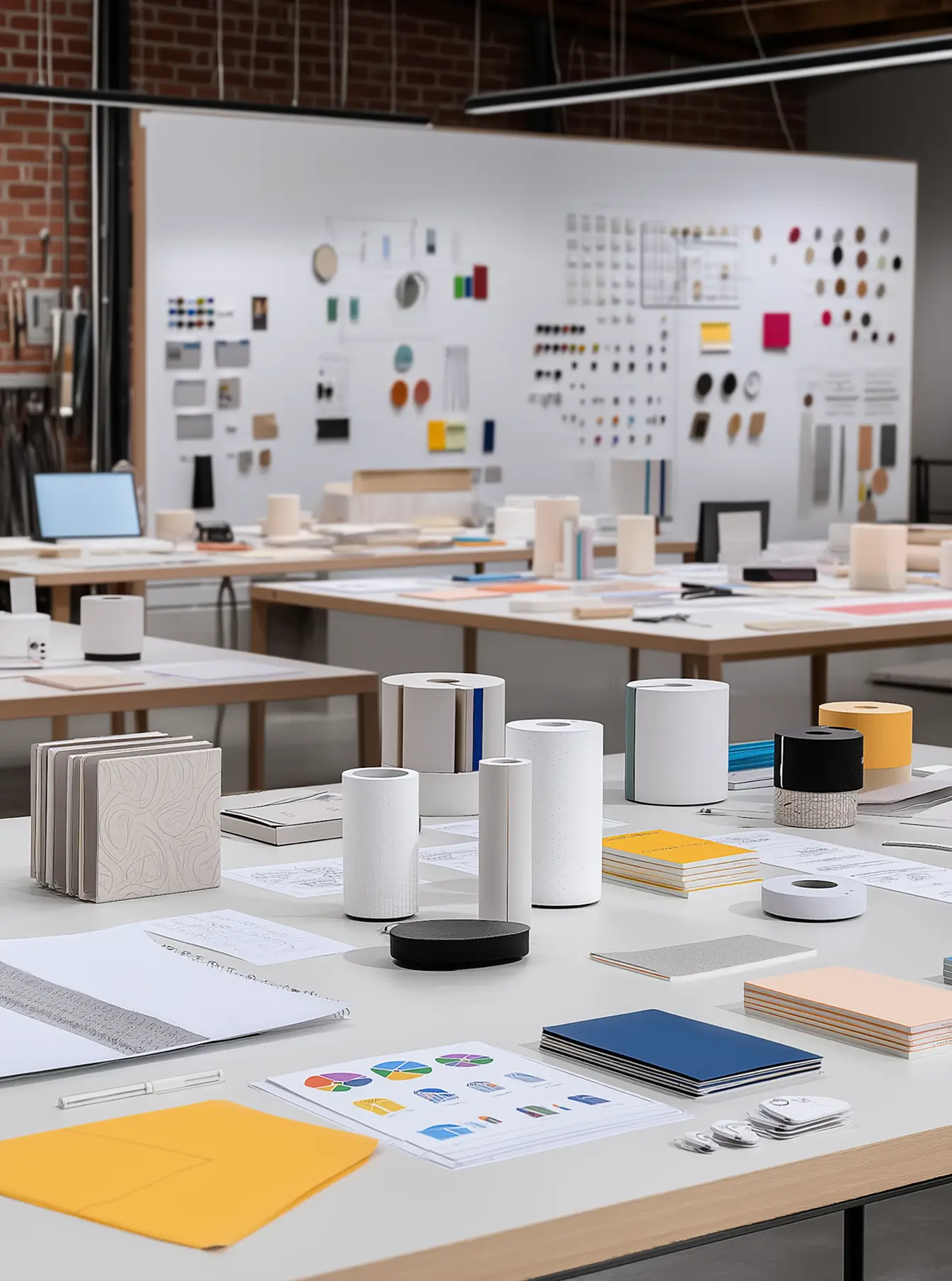 Workspace with tables covered in design materials, including booklets, rolls of paper, color swatches, and sketches, with a whiteboard filled with samples and diagrams in a room with brick walls.
