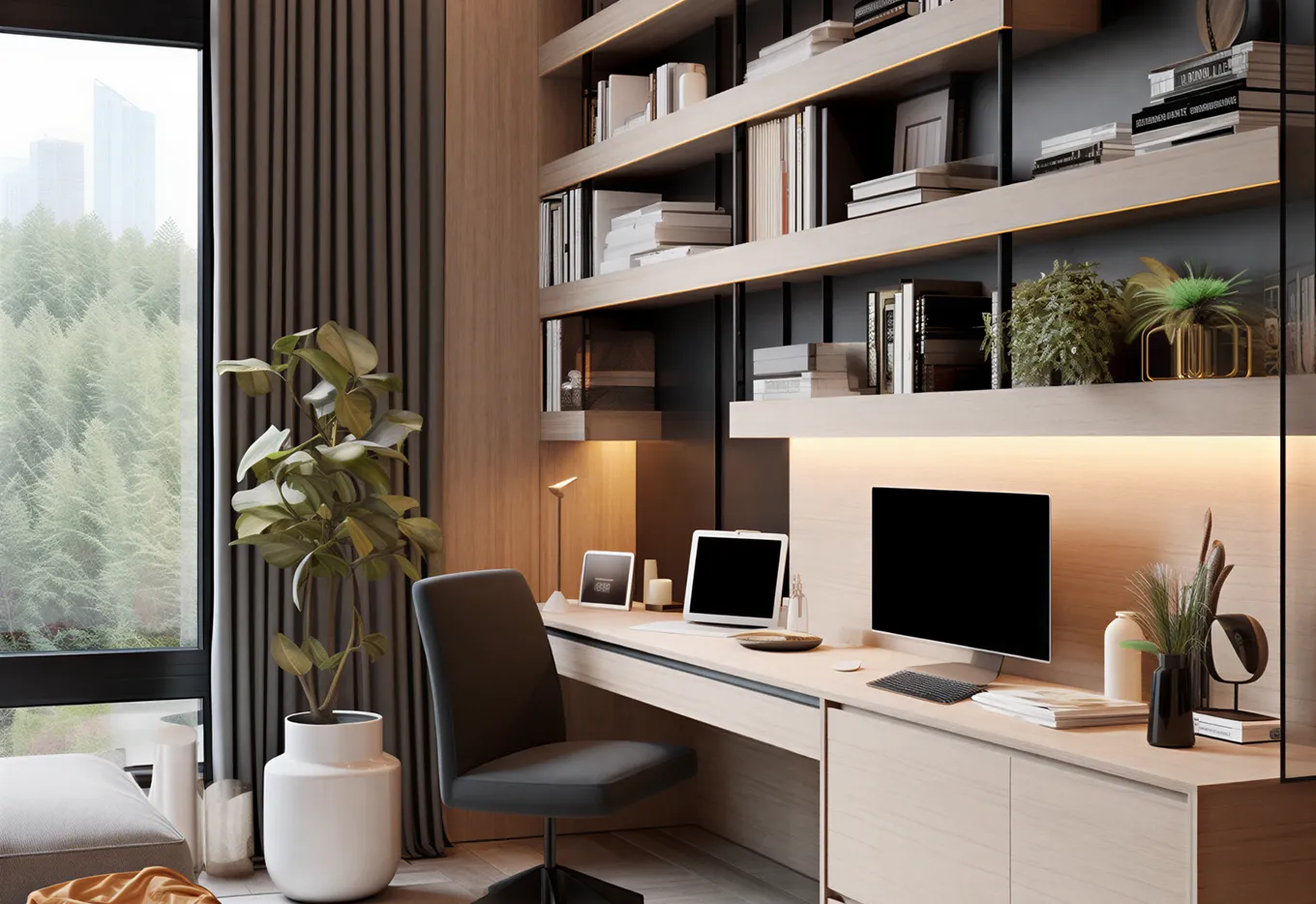 Modern home office setup with a wooden desk holding a large monitor, keyboard, tablet, lamp, and decorative plants, next to a large window with gray curtains and a tall potted plant.