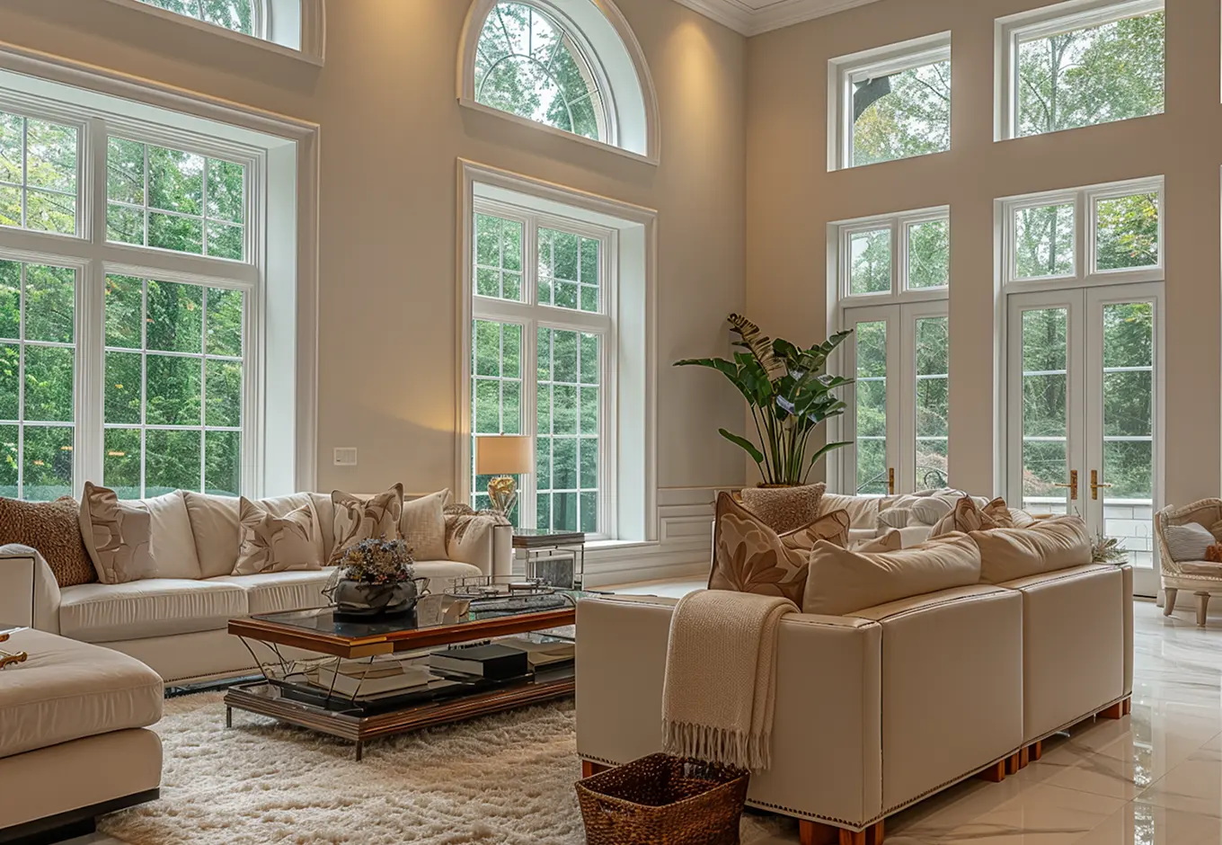 Spacious living room with large windows and glass doors overlooking green trees, featuring beige sofas adorned with patterned cushions, a glass-top coffee table on a shag rug, a floor lamp, and a tall potted plant.