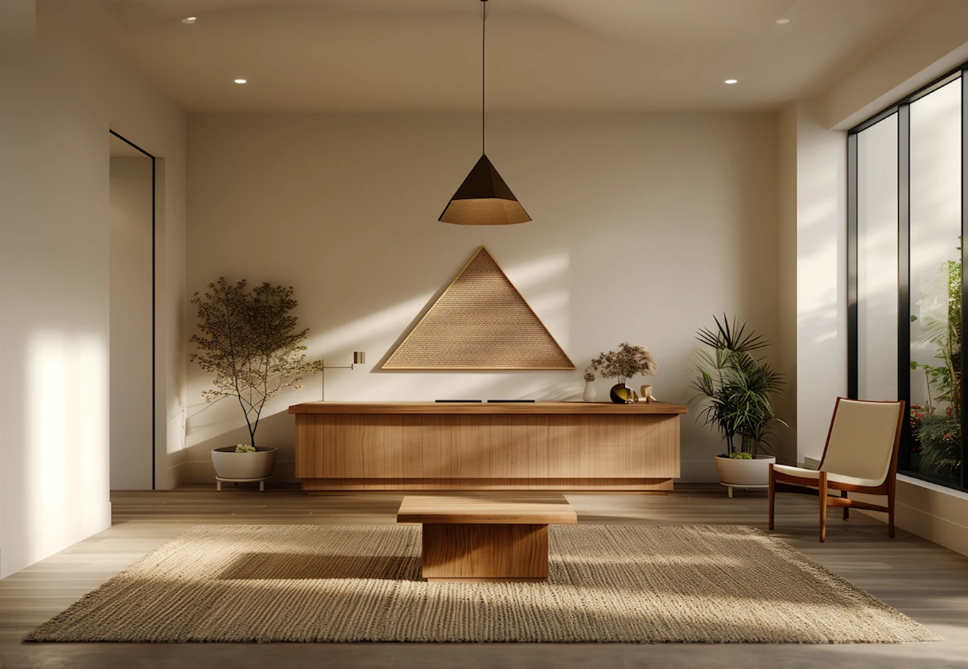 Minimalist living room with beige walls and wooden flooring, featuring a low wooden coffee table on a textured rug, a sideboard with a triangular wall hanging above, potted plants on either side, a pendant light, and a chair near large windows letting in natural light.