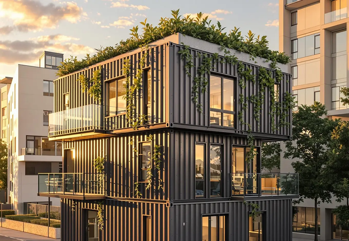 Three-story modern building made from stacked black shipping containers with large windows, glass balconies, climbing plants on the exterior, and lush greenery on the roof, set against the backdrop of other contemporary buildings and trees at sunset.