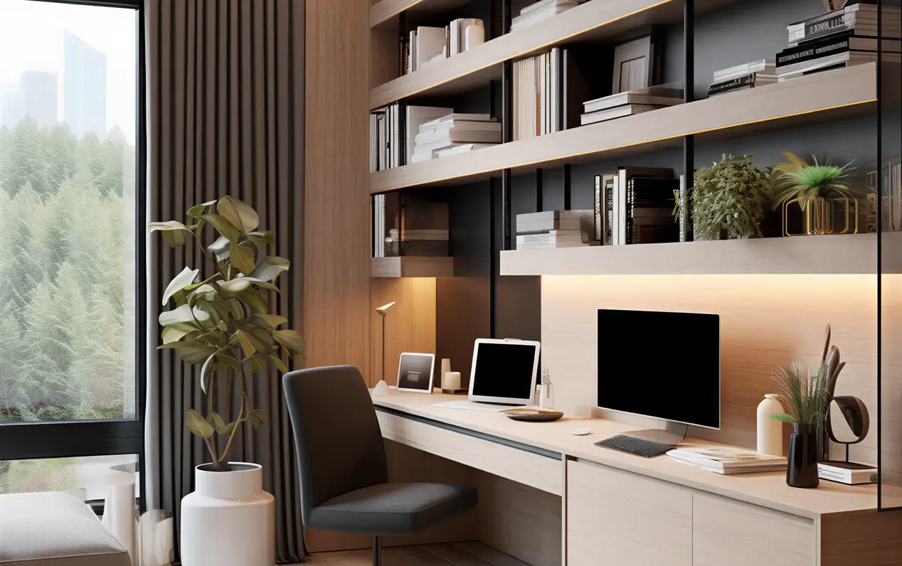 Modern, organized home office with a long wooden desk featuring a monitor, tablet, keyboard, and decorative plants, set against a backdrop of built-in shelves filled with books and storage boxes, next to a large window with grey curtains and a tall potted plant.