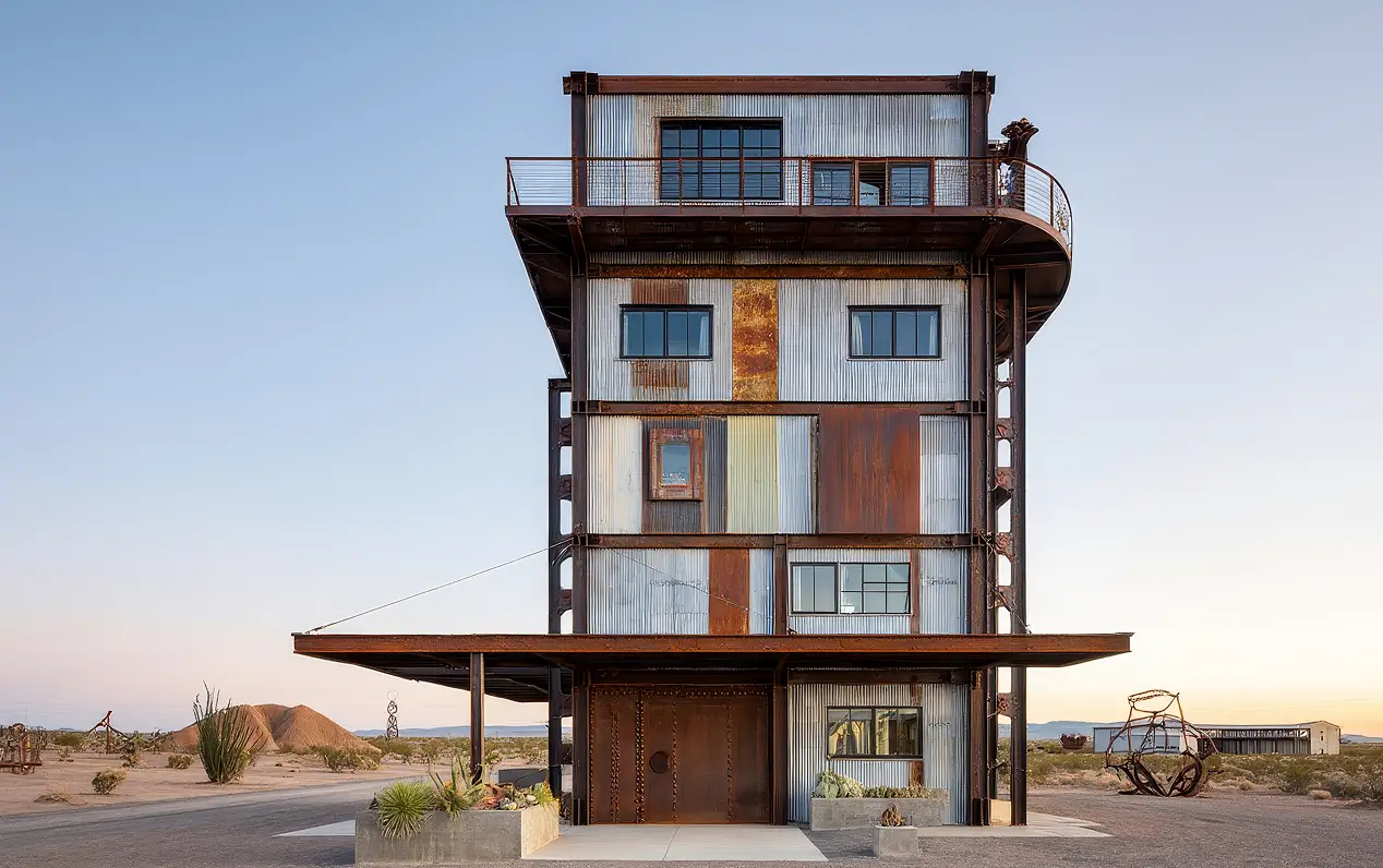 Tall, narrow, multi-story metal building with a rusted and weathered appearance stands in a desert landscape under clear sky, surrounded by sparse vegetation and scattered metal sculptures.