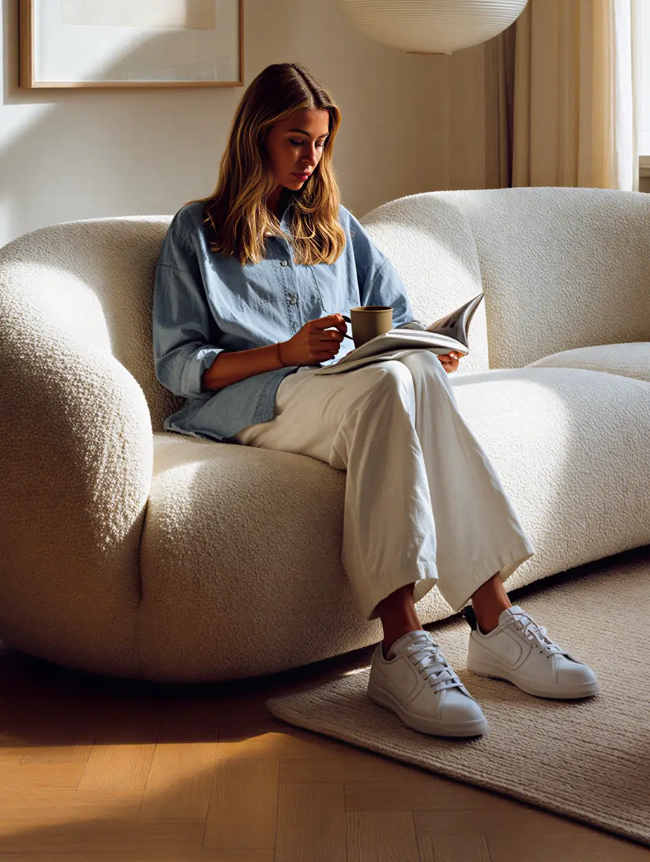 A woman with long blonde hair sits on a textured cream sofa, wearing a light blue button-up shirt, white pants, and white sneakers, holding a gray cup in one hand and reading a magazine in the other, with natural light coming from a nearby window illuminating the cozy room.