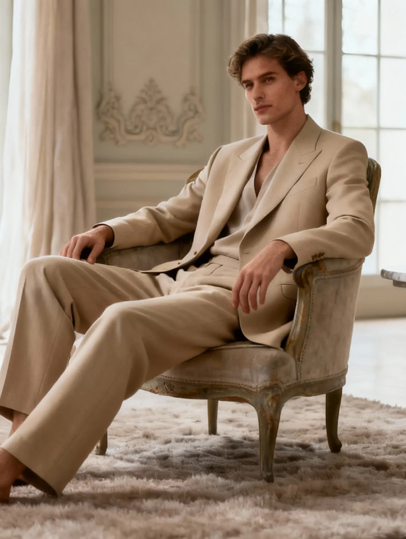 A young man in a beige suit sits relaxed in a vintage armchair on a fluffy carpet in an elegant room with decorated walls and large windows in the background.
