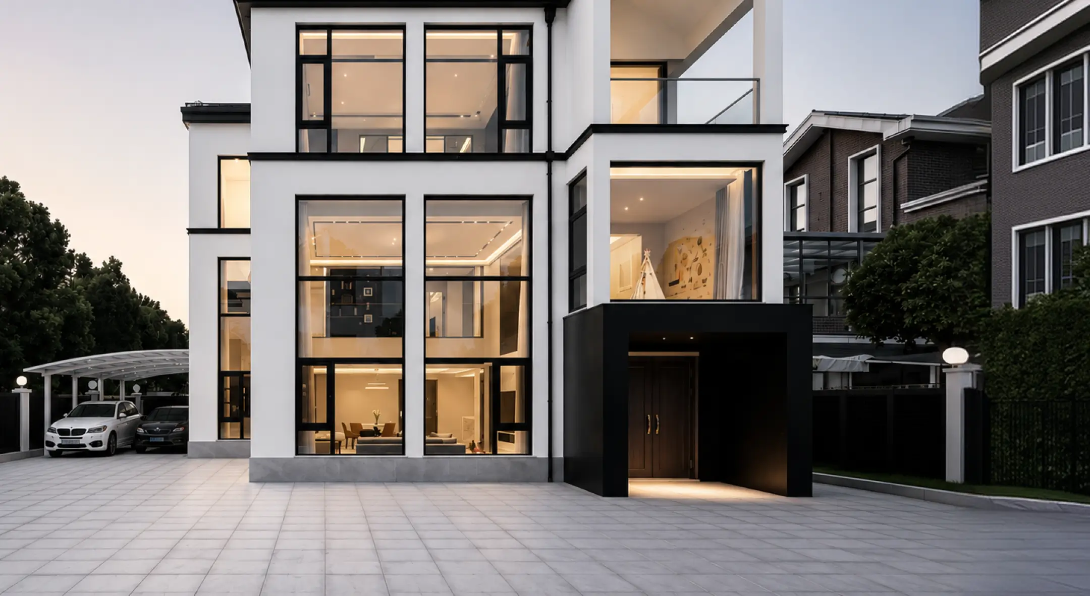 Modern three-story house with large floor-to-ceiling windows, black-framed glass and white facade illuminated from inside during dusk; driveway with parked cars on the left and dark entrance under a cantilevered upper floor on the right.