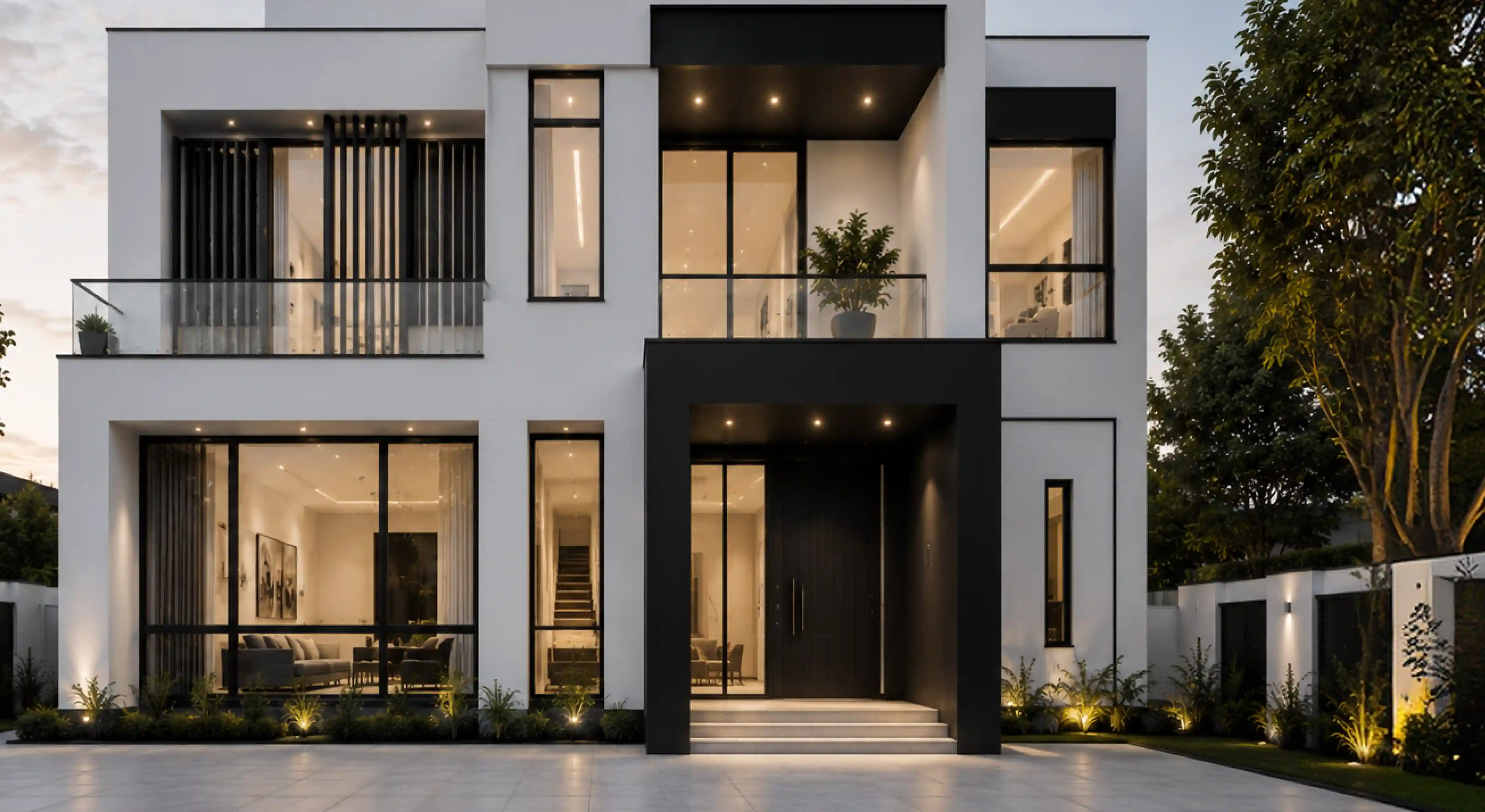 Modern two-story house with white and black exterior, large windows showing lit interiors, a glass balcony with a potted plant, front entrance framed in black with steps, and surrounding outdoor lighting and greenery at dusk.