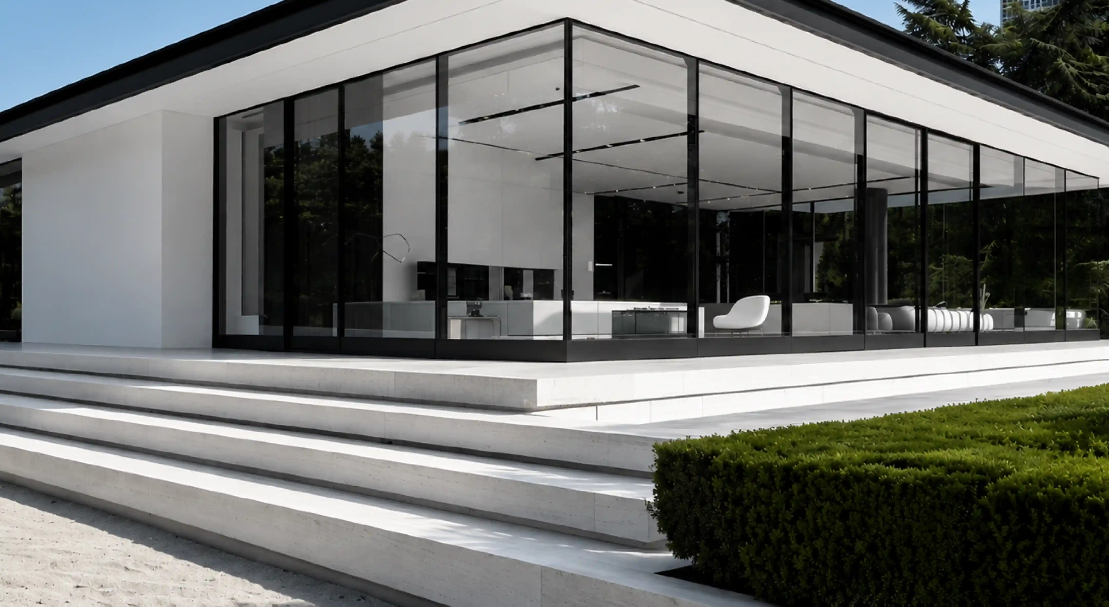 Modern minimalist white house with large floor-to-ceiling glass windows, surrounded by steps and green shrubbery.