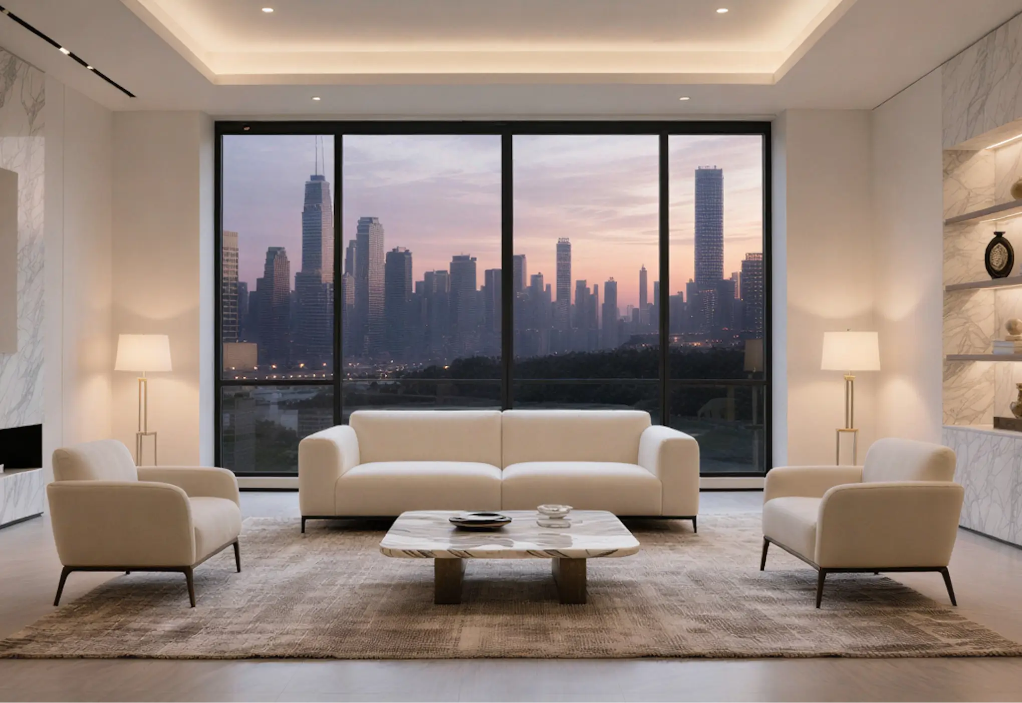 Modern living room with beige sofa and two armchairs facing a low marble coffee table, large floor-to-ceiling windows showing a city skyline at dusk, soft lighting from two floor lamps, and neutral decor with a textured rug.