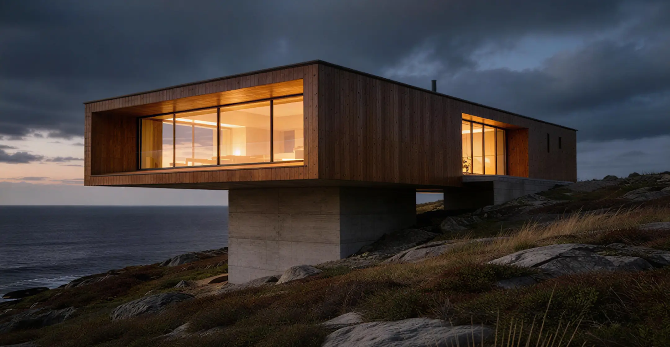 Modern house with large glass windows and wooden exterior elevated on a concrete pillar on a rocky coastline at dusk with lights glowing inside.