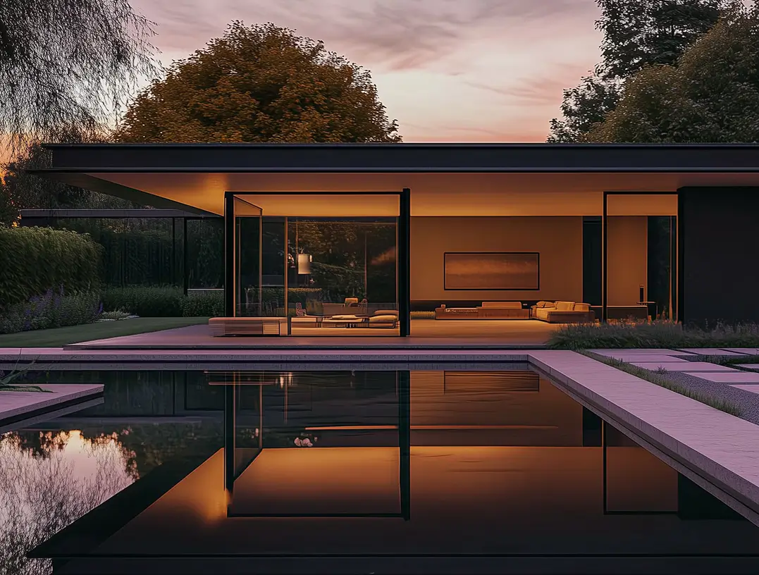 Modern single-story house with large glass doors open to a living area, illuminated warmly in the evening, reflecting in a calm rectangular swimming pool surrounded by a landscaped garden with trees and lawn.