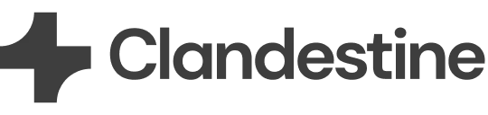 Clandestine company logo with stylized cross symbol to the left of the word 'Clandestine'.