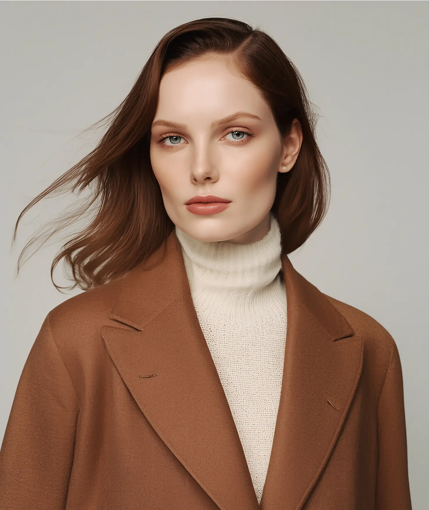 Portrait of a woman with light skin and blue eyes wearing a white turtleneck and a brown coat against a plain light gray background.