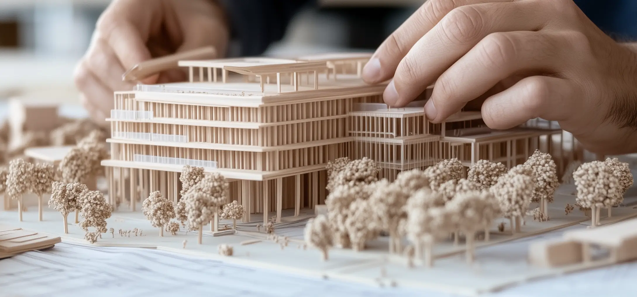 Close-up of hands working on a detailed wooden architectural model of a multi-story building surrounded by miniature trees.