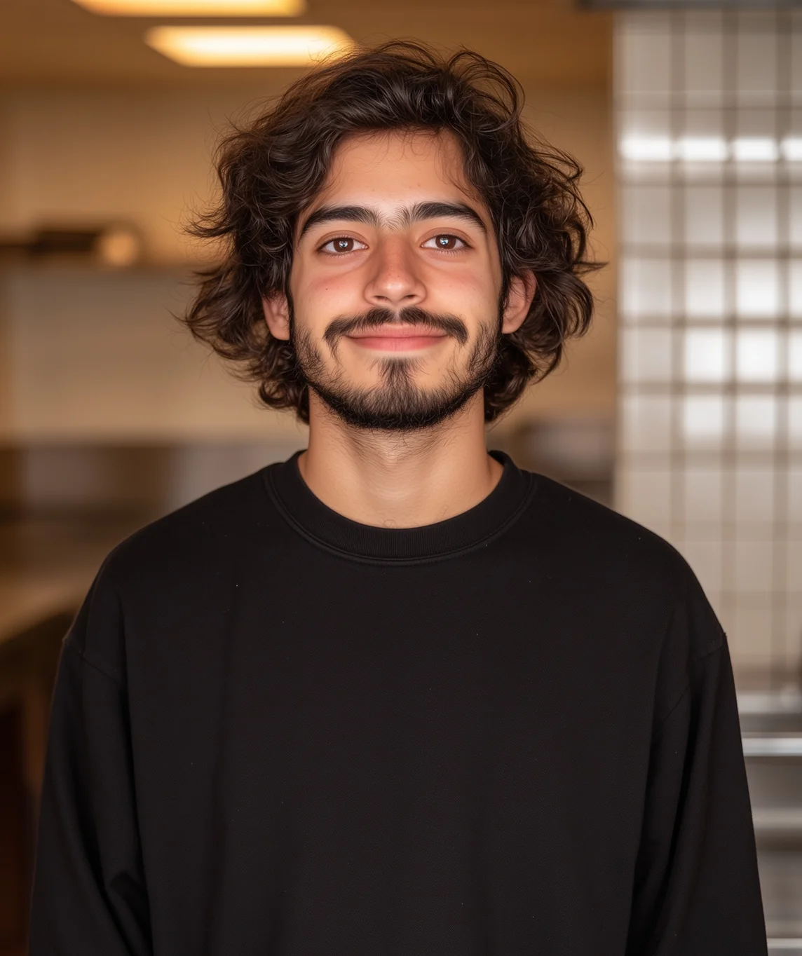 Young man with curly dark hair, beard, and mustache wearing a black sweatshirt, smiling gently against a softly blurred indoor background with warm lighting.
