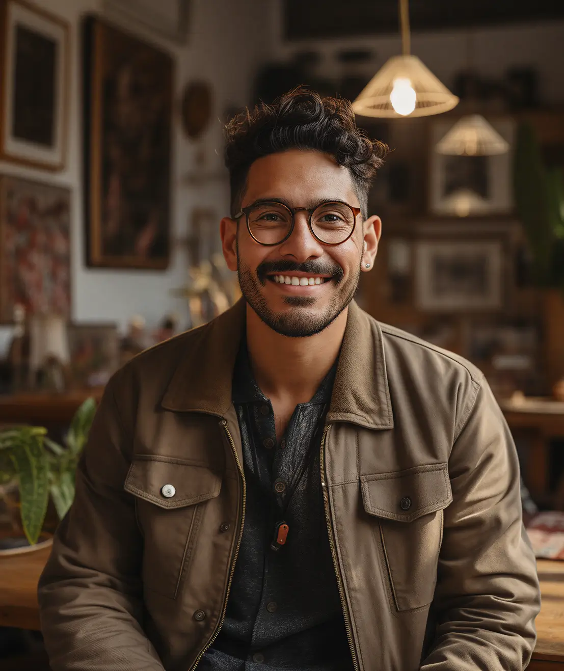 Smiling man with curly hair, a beard, and round glasses wearing a brown jacket over a dark shirt, sitting indoors in a warmly lit room with framed pictures and plants in the background.