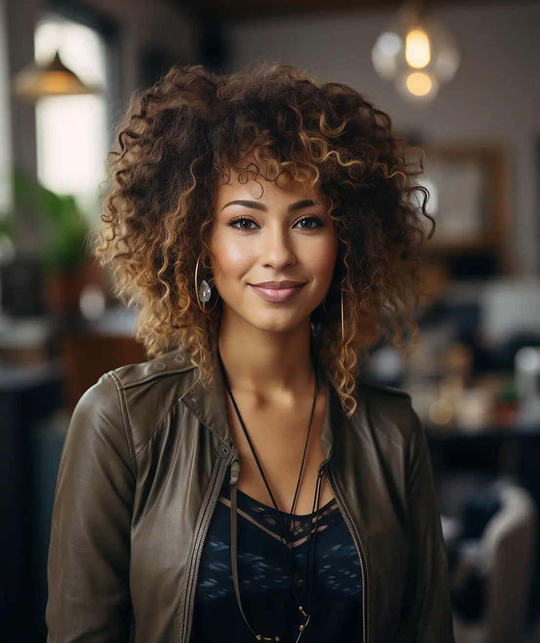 Smiling young woman with curly hair wearing a brown leather jacket, hoop earrings, and layered necklaces in a softly lit indoor setting.