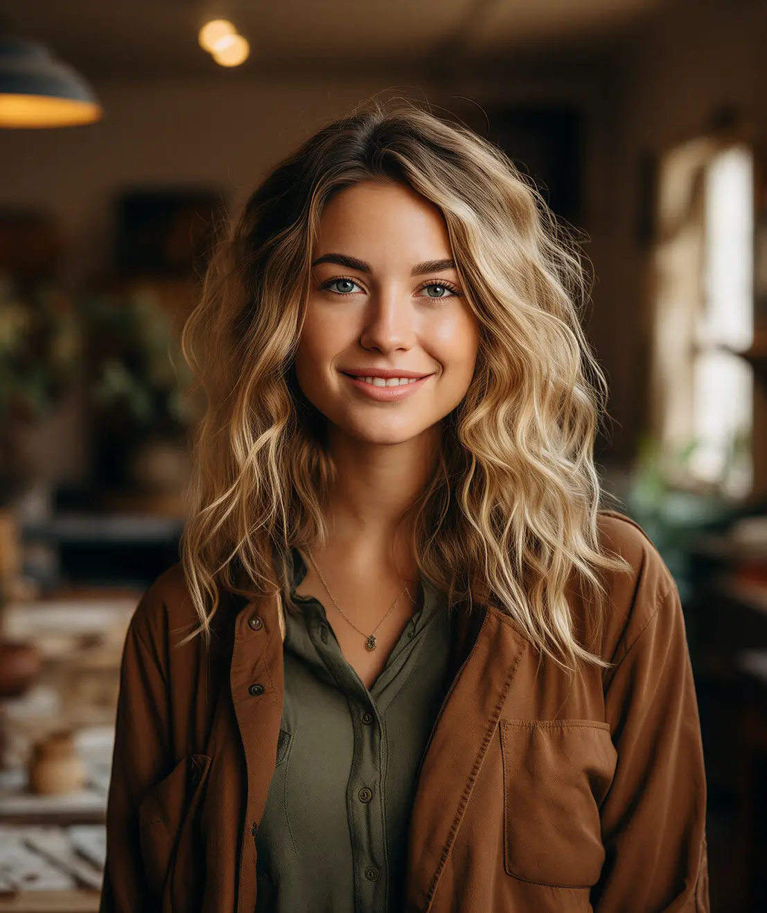 Portrait of a smiling young woman with wavy blonde hair, wearing a green shirt and brown jacket, standing indoors with blurred background.