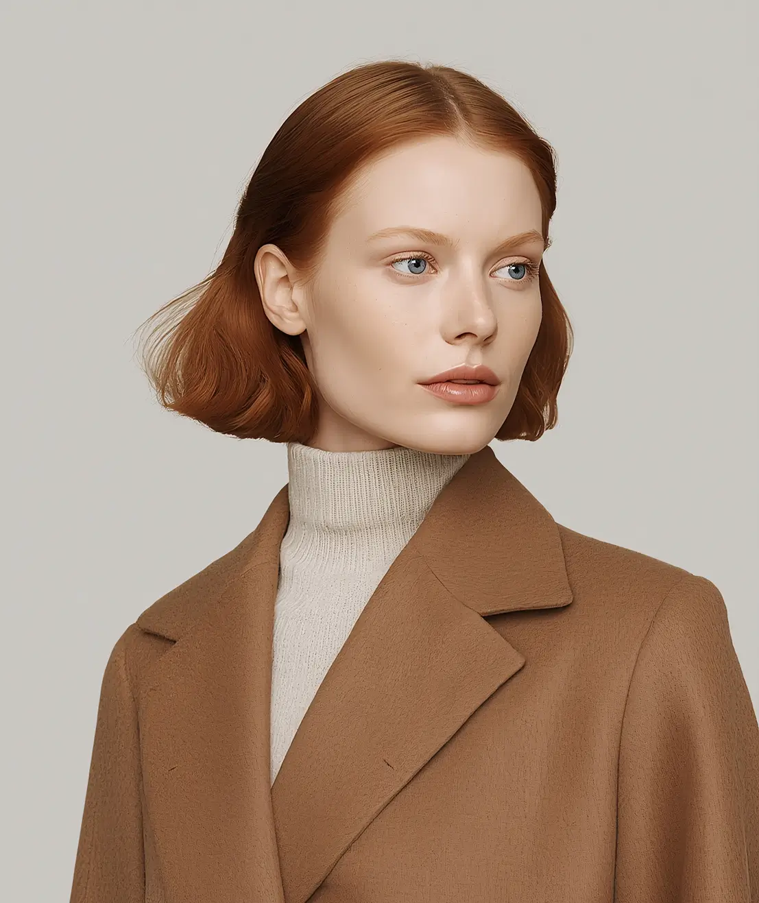 Woman with pale skin and short red hair wearing a beige turtleneck sweater and a brown coat, looking to the side against a plain light gray background.