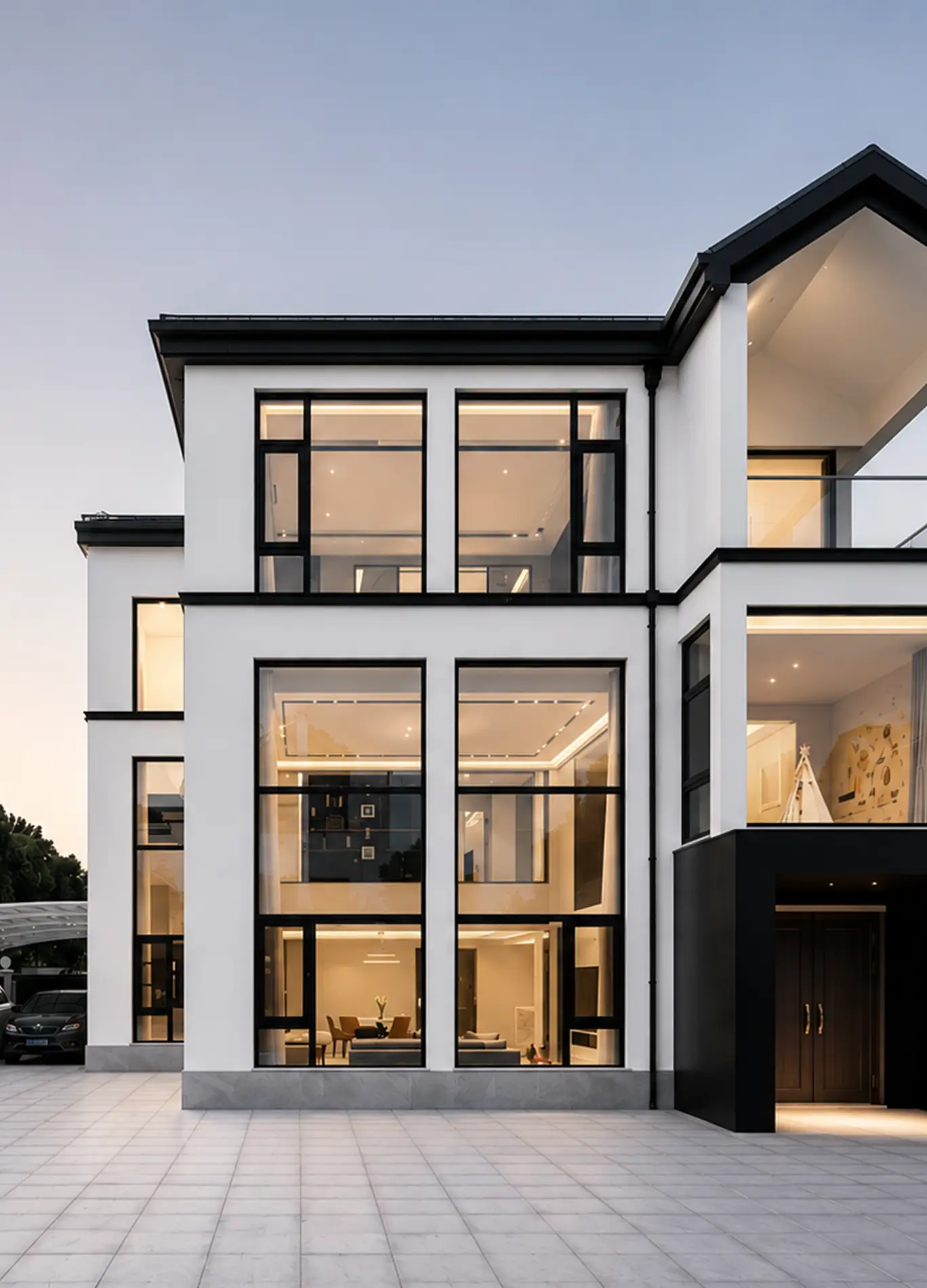 Modern two-story white house with large black-framed windows illuminating interior spaces, including a living and dining area, a children's room with a teepee, and a dark entrance door, set against a clear sky and a tiled driveway.