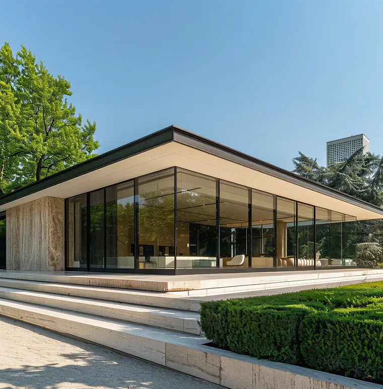Modern glass-walled pavilion with flat overhanging roof, surrounded by greenery, stairs in front, and a blue sky above.
