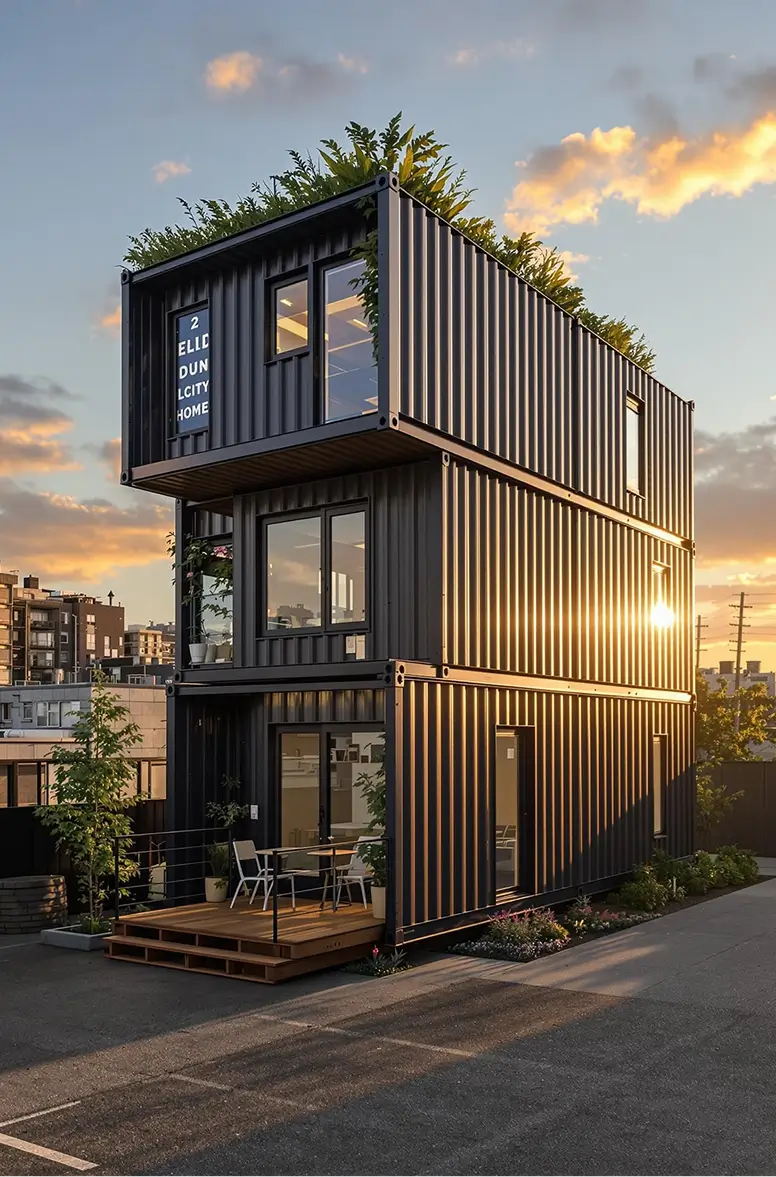 Three-story modern house made of black metal shipping containers stacked vertically with large windows, a small wooden deck with chairs, and rooftop greenery, captured at sunset with golden light and a partly cloudy sky.