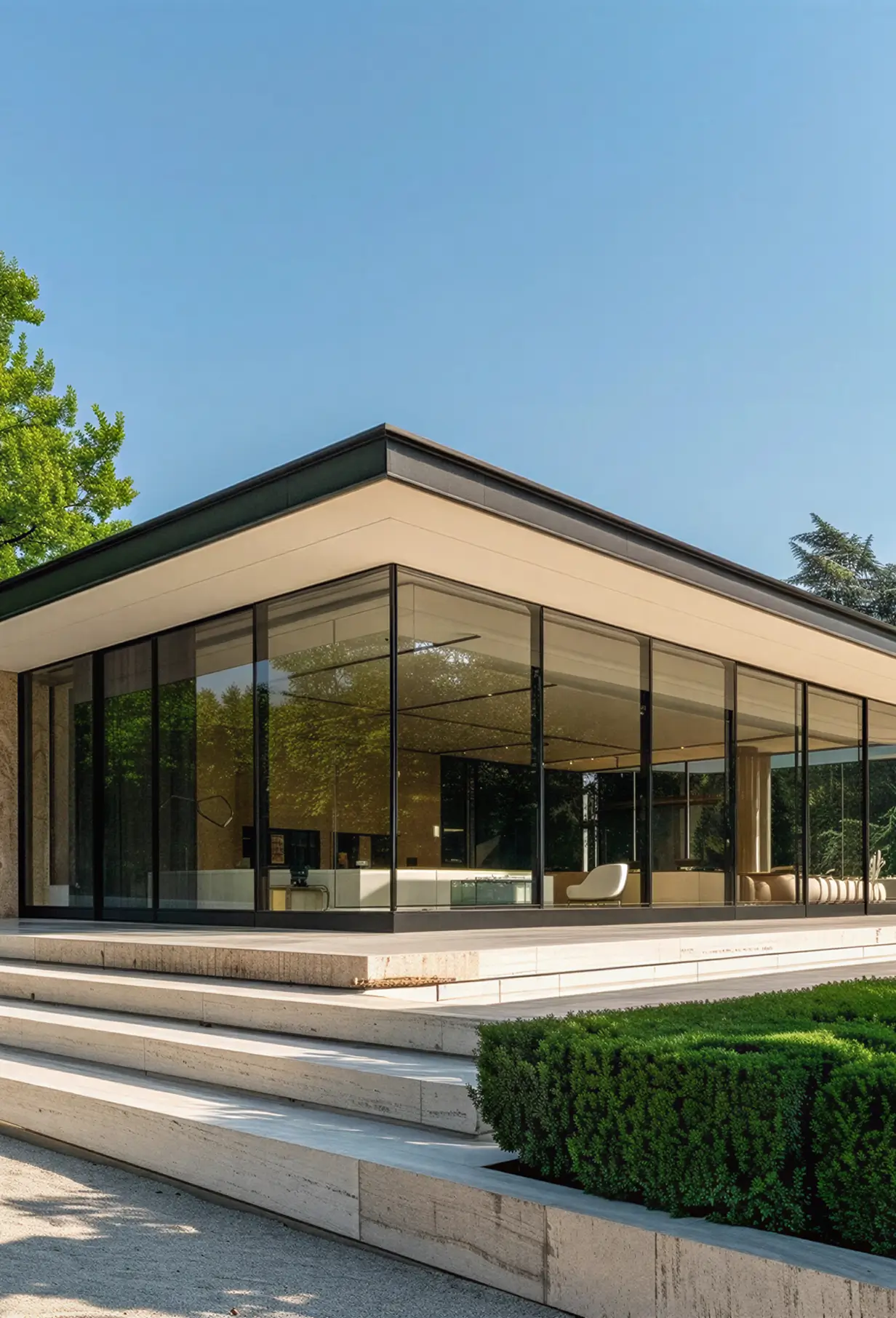Modern building with large floor-to-ceiling glass windows, light stone steps leading up to the entrance, and neatly trimmed green bushes in front under a clear blue sky.