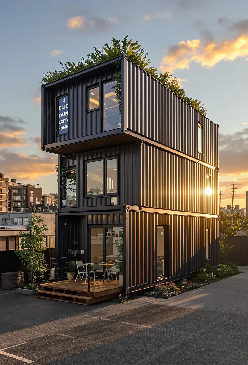 A modern three-story house made of stacked black shipping containers with windows and plants on the rooftop and balcony, set against a sunset sky in an urban area.