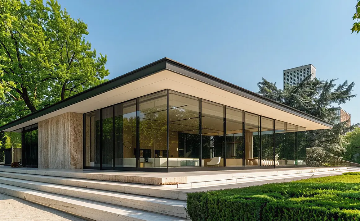 Modern architectural building with large glass walls reflecting surrounding green trees, a flat roof extending outward, and wide steps leading to the entrance, under a clear blue sky.