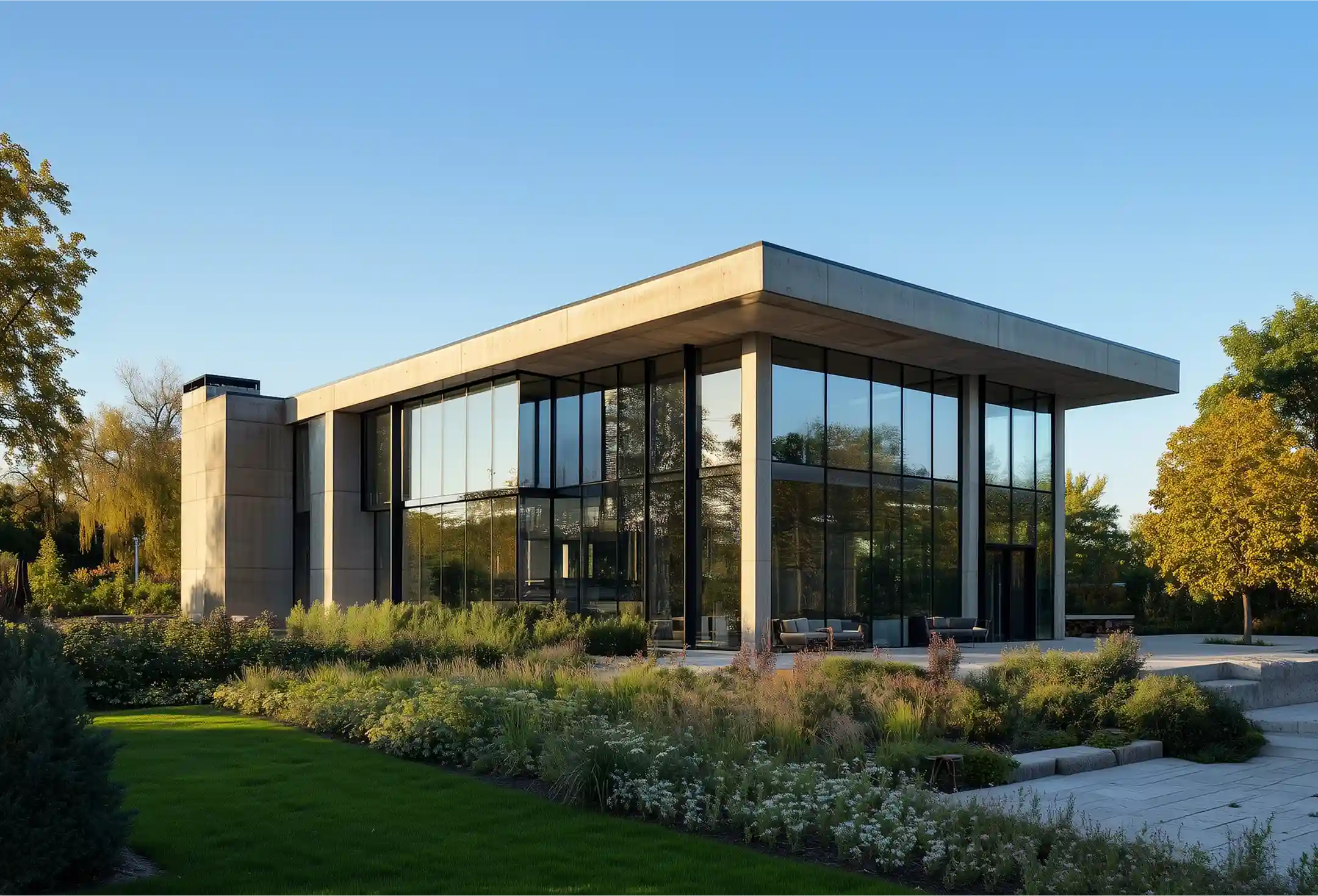 Modern single-story building with large floor-to-ceiling glass windows, concrete frames, outdoor seating, and landscaped greenery in front under a clear blue sky.