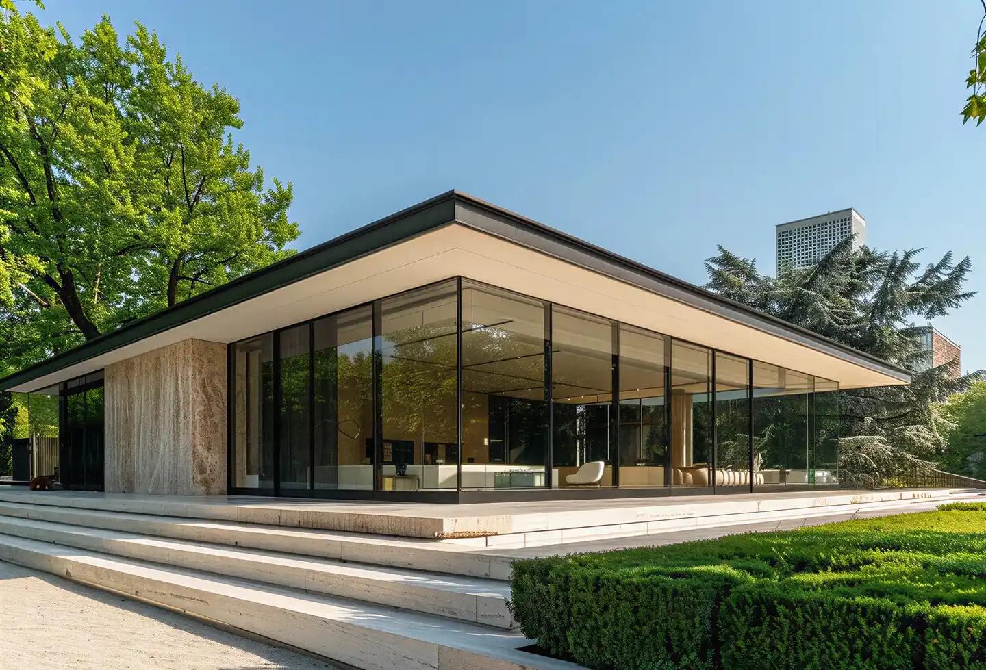 Modern glass-walled pavilion with flat roof and white stone steps surrounded by green trees and hedges under a clear blue sky.