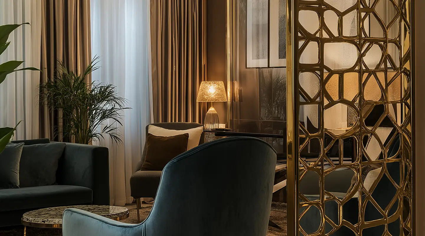 Cozy living room with velvet armchairs and sofa in dark green, a round marble coffee table, a tall potted plant, heavy beige curtains, and a warm-lit table lamp. A decorative brass room divider with an organic irregular pattern partially separates the space.