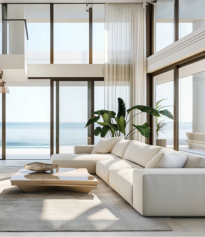 Modern living room with large white sectional sofa, low wooden coffee table, green tropical plants, and floor-to-ceiling windows overlooking a calm ocean view.