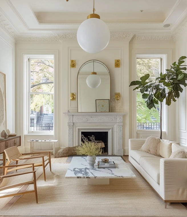 Bright living room with white walls, large windows, and a marble fireplace topped by a tall arched mirror reflecting a round pendant light. The room includes a white sofa with cushions, two wooden chairs, a square marble coffee table with a vase and books, a large leafy plant, and a light beige rug covering the floor.