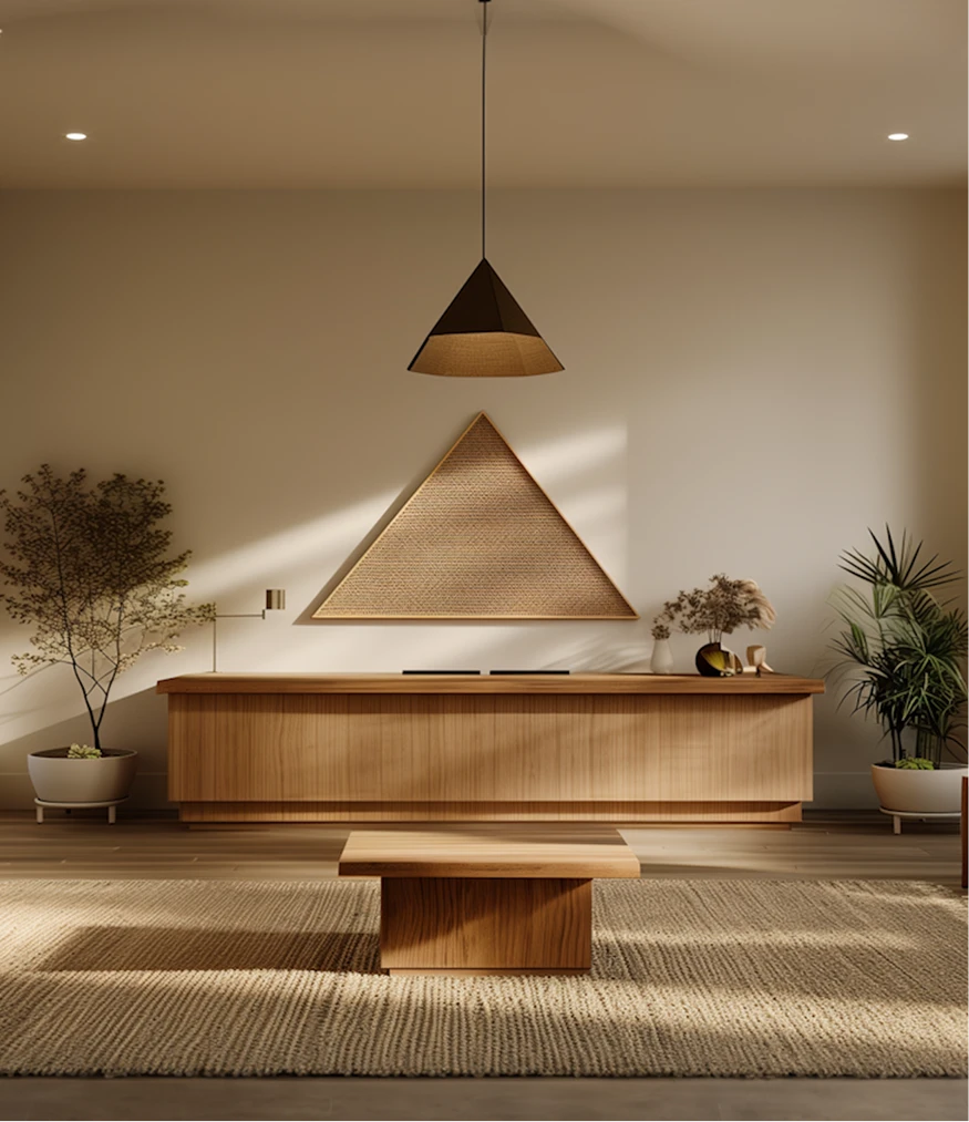 Minimalist living room with a wooden low cabinet against a beige wall, featuring a large triangular wall art above it, a small wooden coffee table, a woven beige rug, two potted plants on either side, and a modern pendant light hanging from the ceiling.