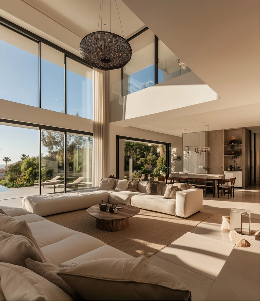 Spacious contemporary living room with large cream sectional sofa, round wooden coffee table, floor-to-ceiling windows showing outdoor greenery and pool area, and an open dining area in the background.