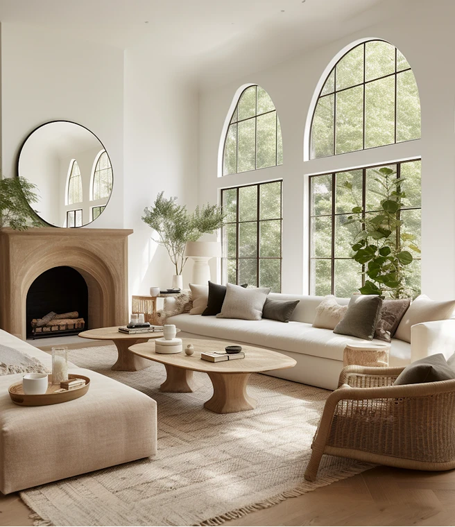 Bright living room with tall arched windows showing greenery outside, a beige fireplace with round mirror above, a white sectional sofa with gray and beige cushions, two wooden coffee tables with decor items, a beige ottoman with tray holding cups, a woven armchair, and plants near the windows.