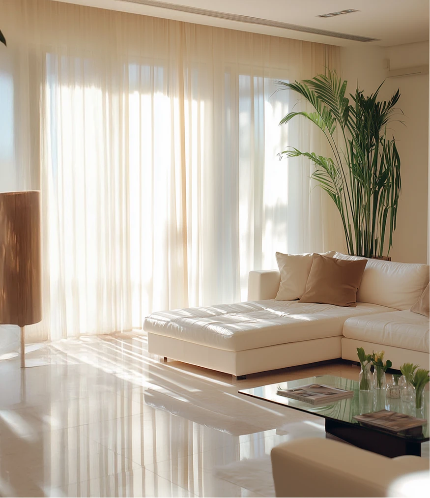 Bright living room with natural light filtering through sheer curtains, featuring a white leather sectional sofa with beige pillows, a glass coffee table with magazines and small vases, and a tall green potted plant in the corner.