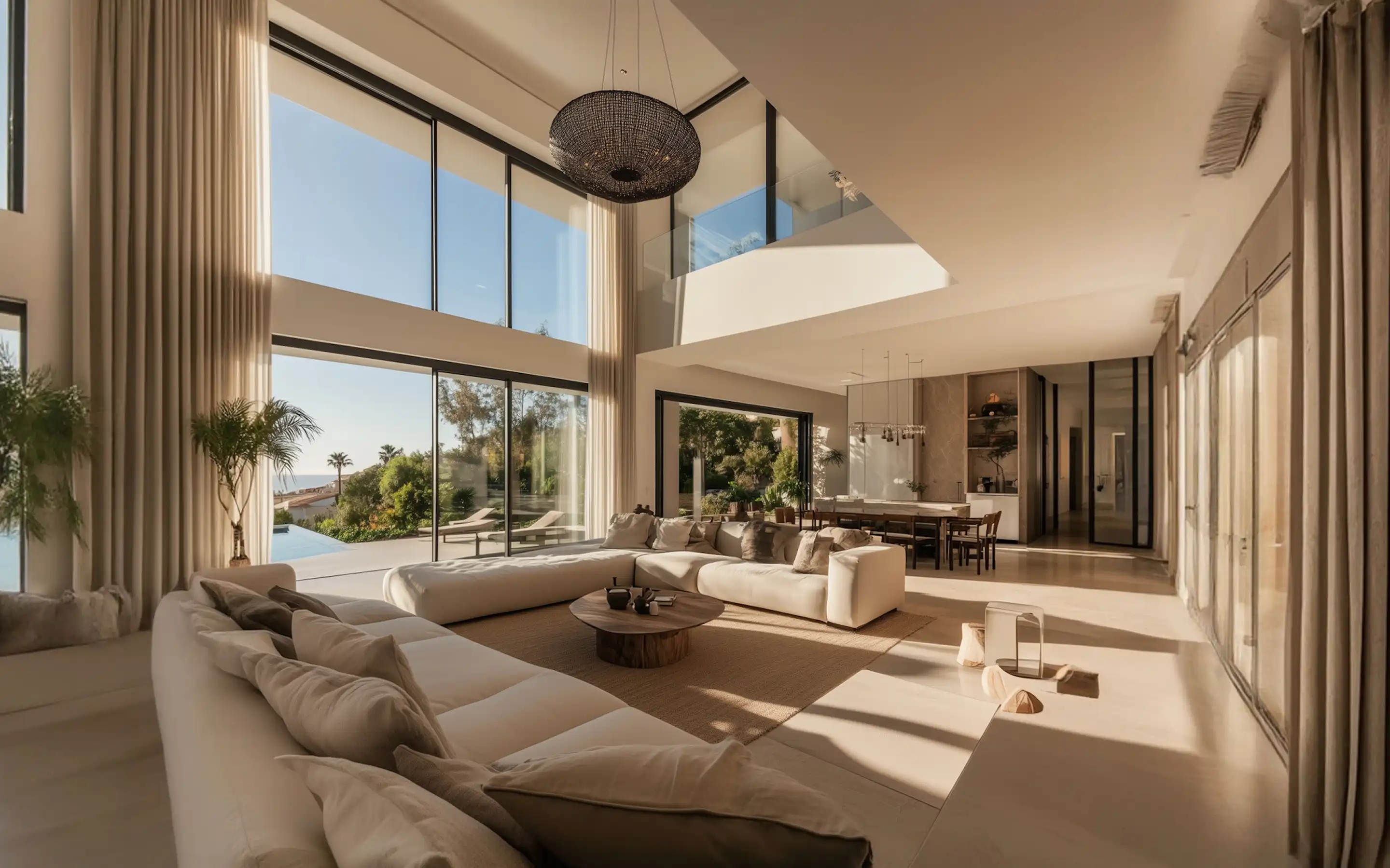 Spacious modern living room with large floor-to-ceiling windows showing outdoor pool and garden, neutral-toned sectional sofas with cushions around a low round wooden coffee table on a beige rug, high ceiling with black woven pendant light, and a dining area with a wooden table and chairs near the kitchen in the background.